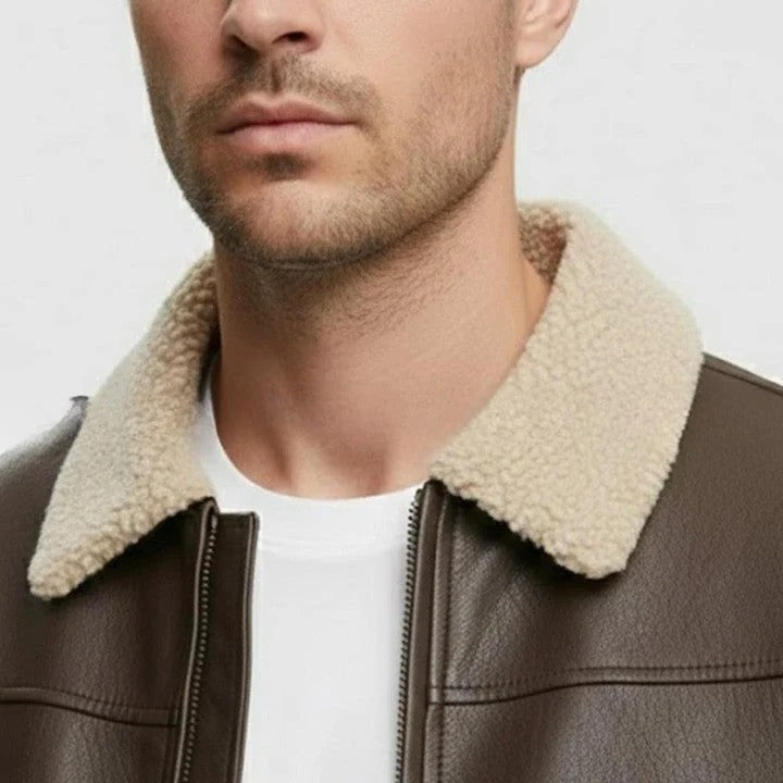 Mens Brown Genuine Leather Bomber Jacket Sherpa Collar Aviator Style