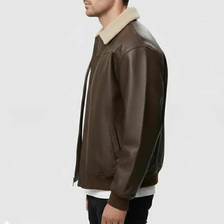 Mens Brown Genuine Leather Bomber Jacket Sherpa Collar Aviator Style