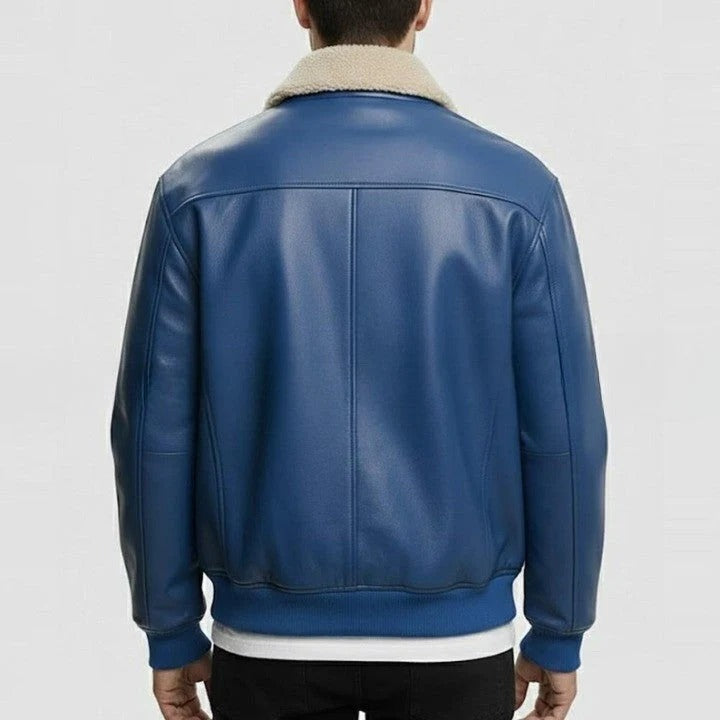 Mens Blue Leather Jacket with Warm Collar and Modern Fit