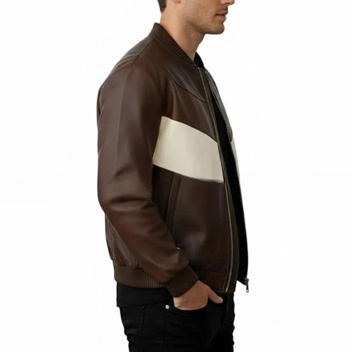 Mens Black Genuine Leather Jacket Red White Stripe Detail