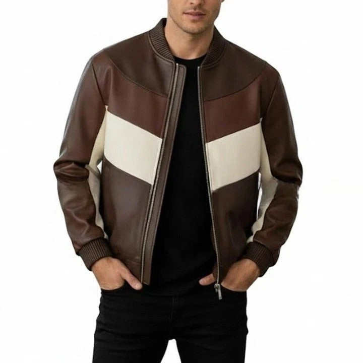 Mens Black Genuine Leather Jacket Red White Stripe Detail