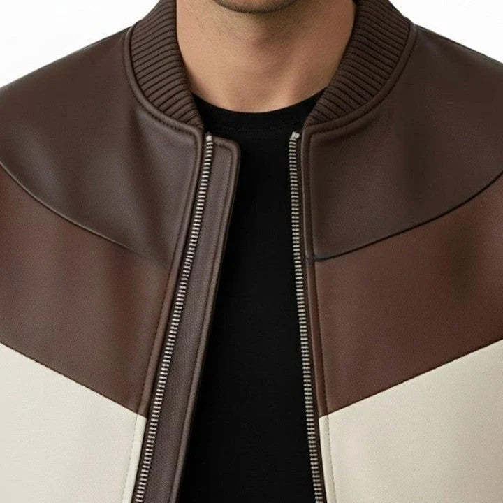 Mens Black Genuine Leather Jacket Red White Stripe Detail