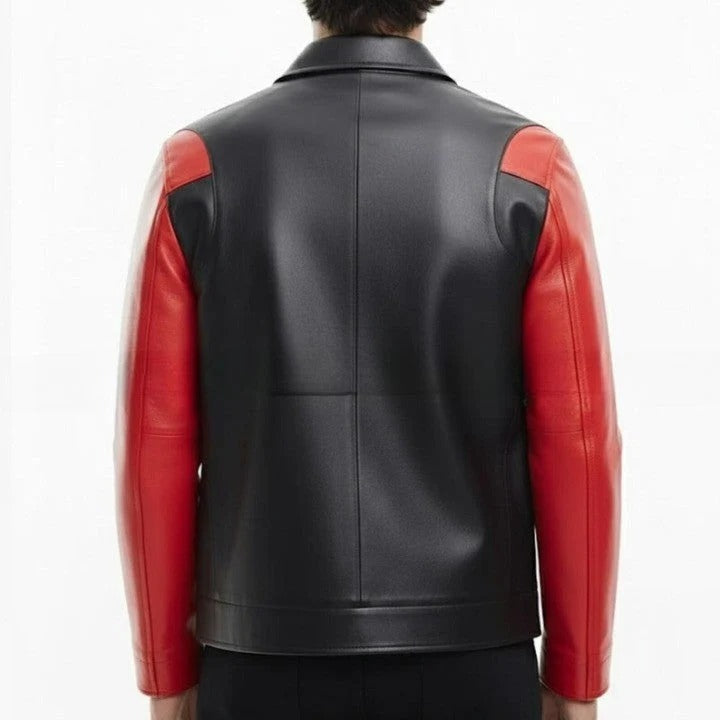Mens Black and Red Genuine Leather Jacket Modern Zip Front