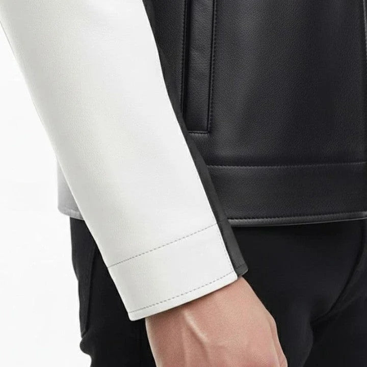 Mens Black White Genuine Leather Jacket Modern Zip Front