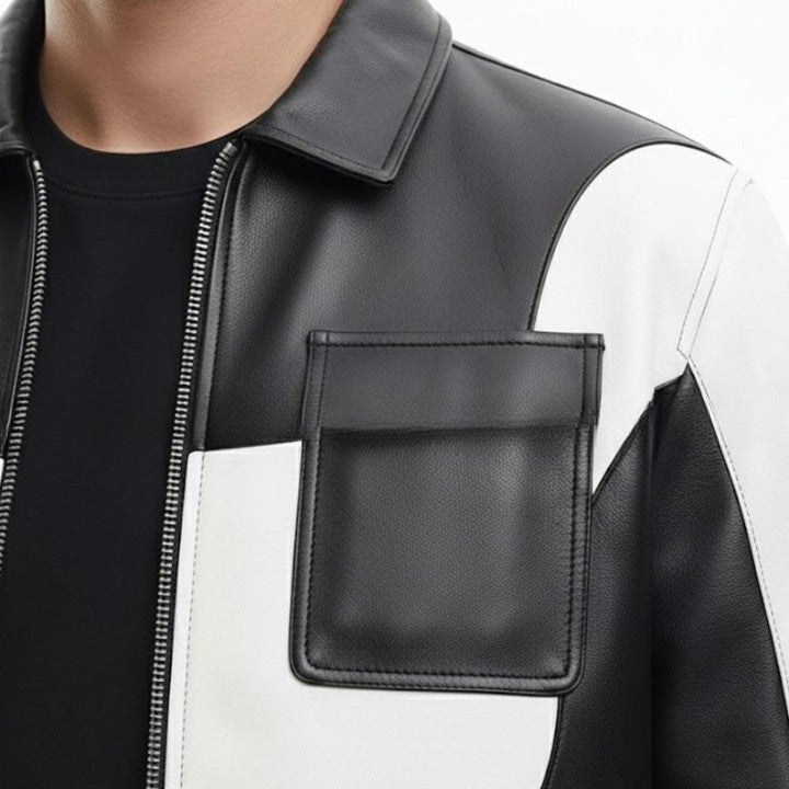 Mens Black White Genuine Leather Jacket Modern Zip Front
