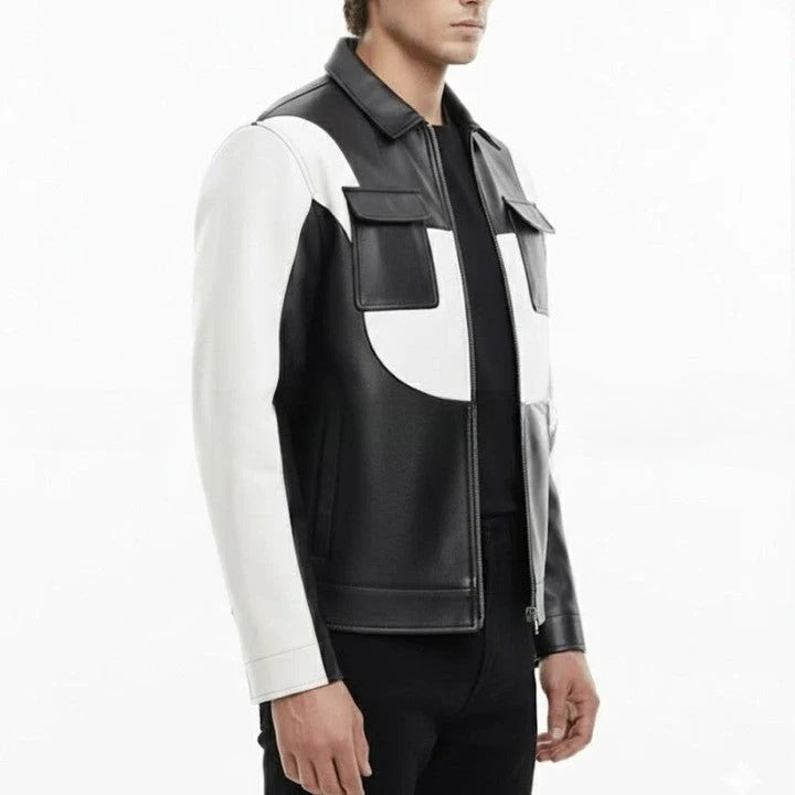Mens Black White Genuine Leather Jacket Modern Zip Front