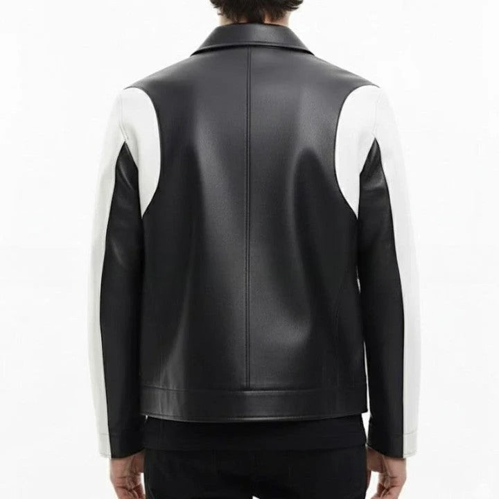Mens Black White Genuine Leather Jacket Modern Zip Front