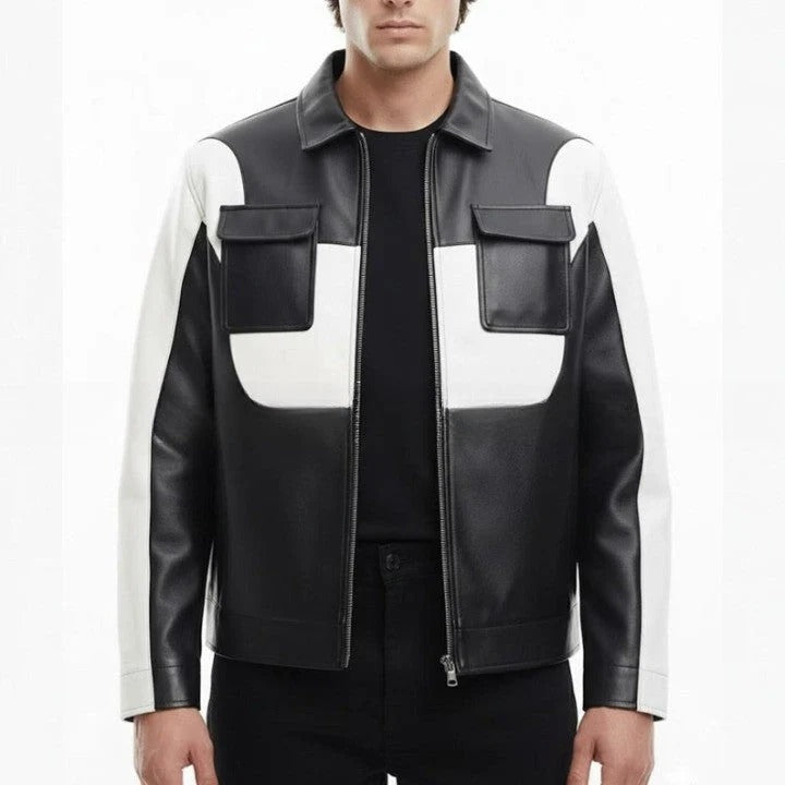 Mens Black White Genuine Leather Jacket Modern Zip Front