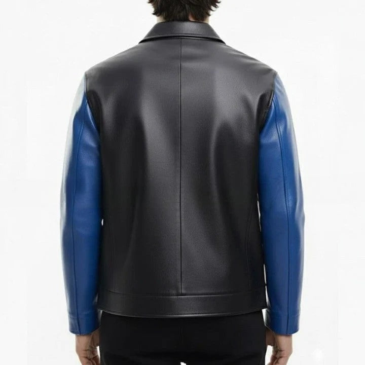 Mens Black Blue Genuine Leather Jacket Modern Zip Front
