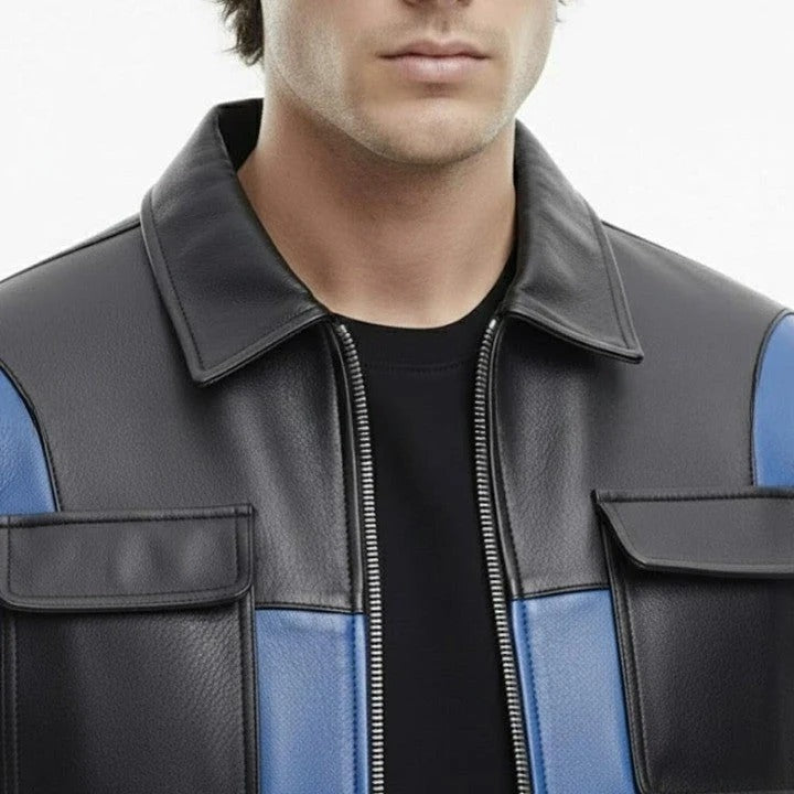 Mens Black Blue Genuine Leather Jacket Modern Zip Front