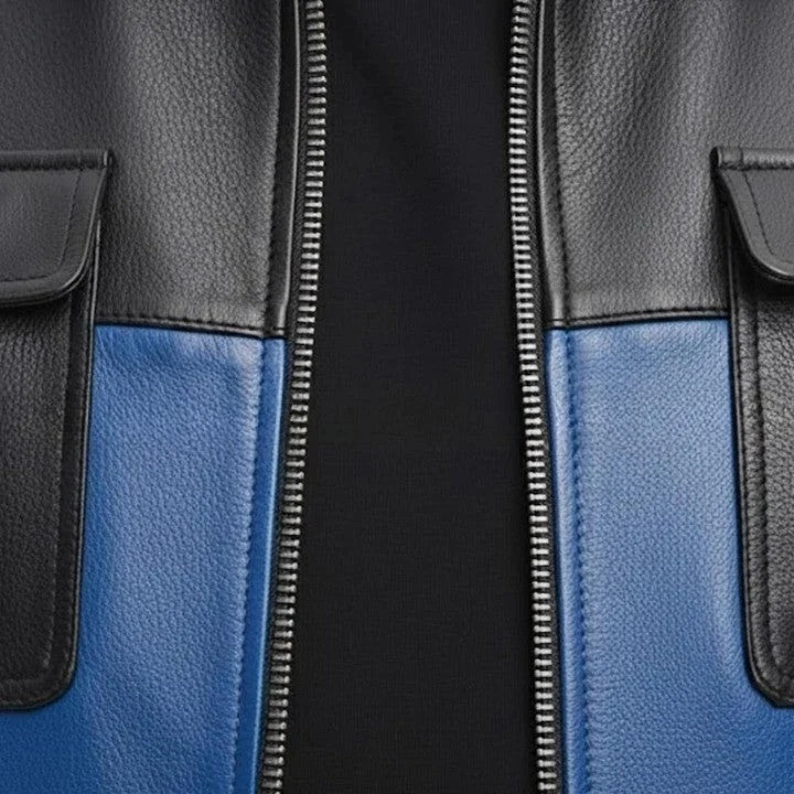 Mens Black Blue Genuine Leather Jacket Modern Zip Front