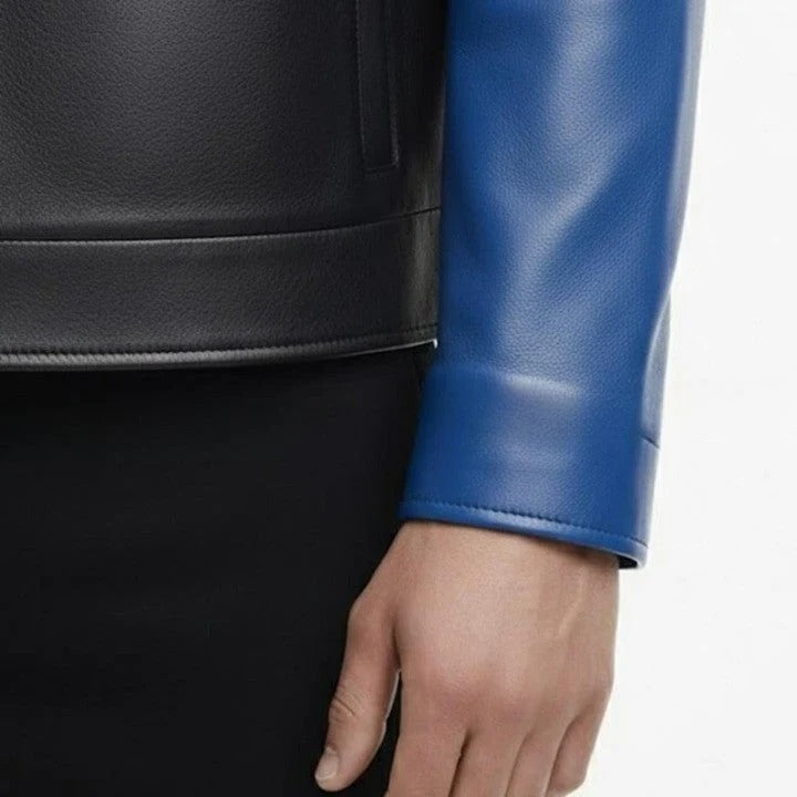 Mens Black Blue Genuine Leather Jacket Modern Zip Front
