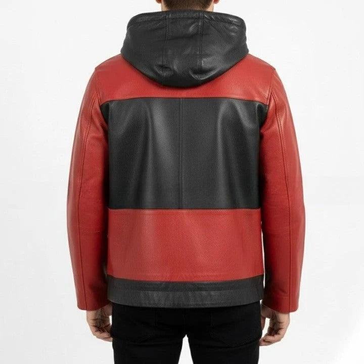 Mens Black and Red Genuine Leather Hooded Jacket Zip Front Coat