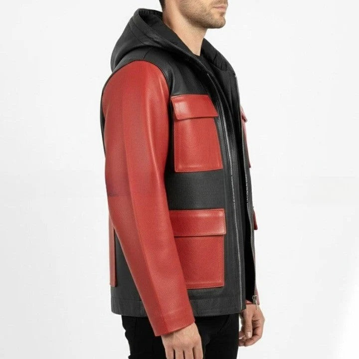 Mens Black and Red Genuine Leather Hooded Jacket Zip Front Coat