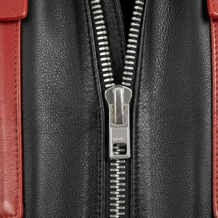 Mens Black and Red Genuine Leather Hooded Jacket Zip Front Coat
