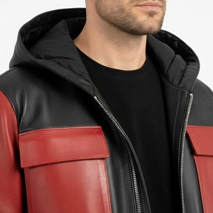 Mens Black and Red Genuine Leather Hooded Jacket Zip Front Coat