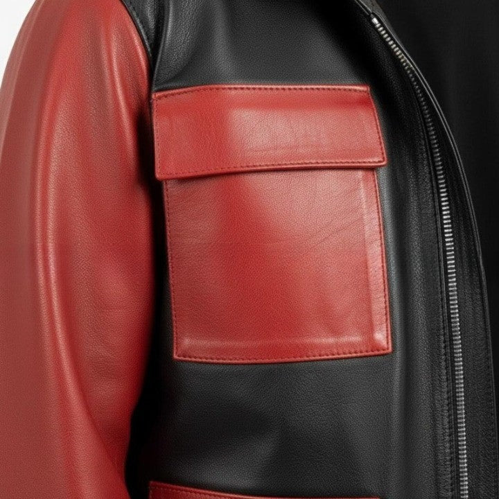 Mens Black and Red Genuine Leather Hooded Jacket Zip Front Coat