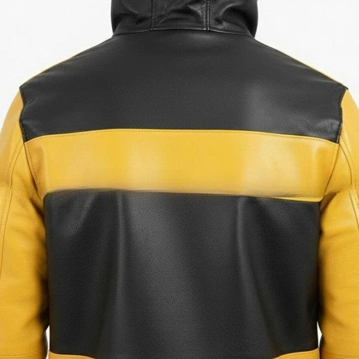 Mens Black and Yellow Leather Hooded Jacket with Front Pockets Casual Zip Front Jackets