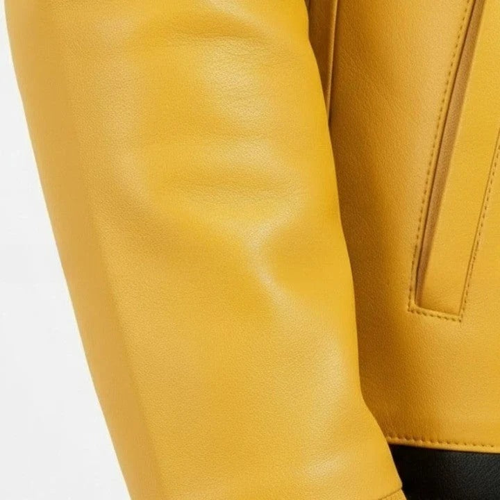 Mens Black and Yellow Leather Hooded Jacket with Front Pockets Casual Zip Front Jackets