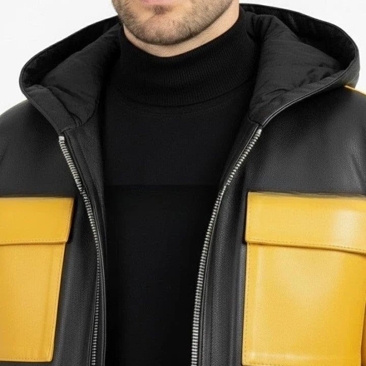 Mens Black and Yellow Leather Hooded Jacket with Front Pockets Casual Zip Front Jackets