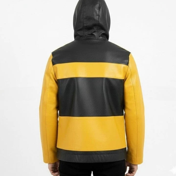 Mens Black and Yellow Leather Hooded Jacket with Front Pockets Casual Zip Front Jackets