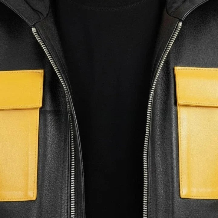 Mens Black Yellow Genuine Leather Jacket Modern Casual Style