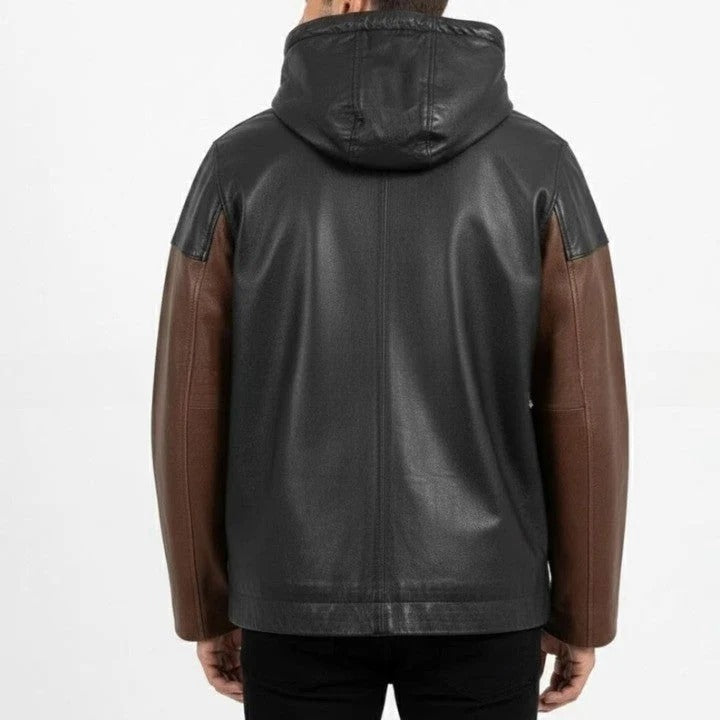 Mens Black and Brown Leather Hooded Jacket with Front Pockets Casual Zip Front Outerwear