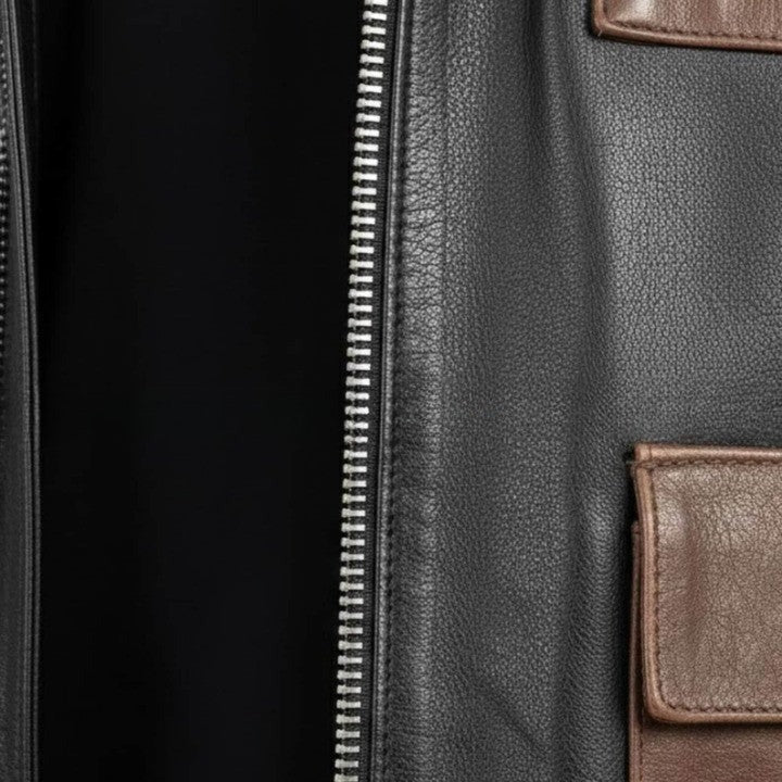 Mens Black and Brown Leather Hooded Jacket with Front Pockets Casual Zip Front Outerwear