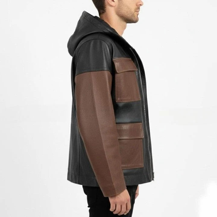 Mens Black and Brown Leather Hooded Jacket with Front Pockets Casual Zip Front Outerwear