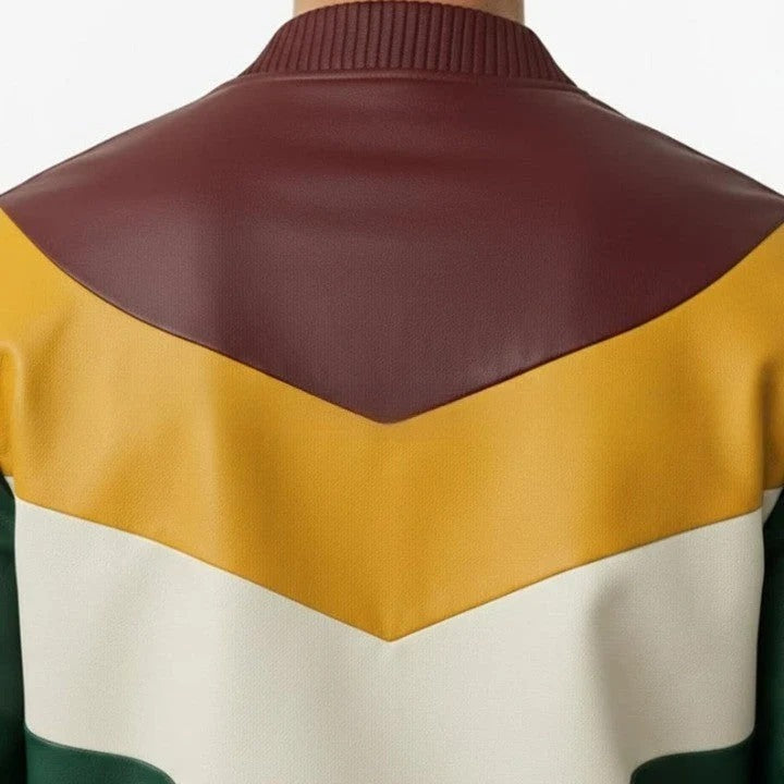 Mens Green Leather Jacket with Yellow Cream Panel Design Modern Zip Front Casual Jacket