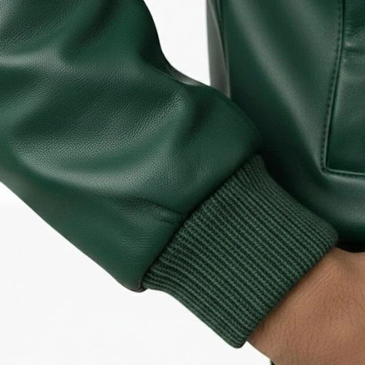 Mens Green Leather Jacket with Yellow Cream Panel Design Modern Zip Front Casual Jacket
