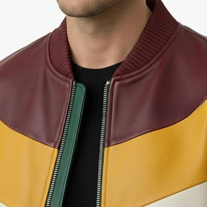 Mens Green Leather Jacket with Yellow Cream Panel Design Modern Zip Front Casual Jacket