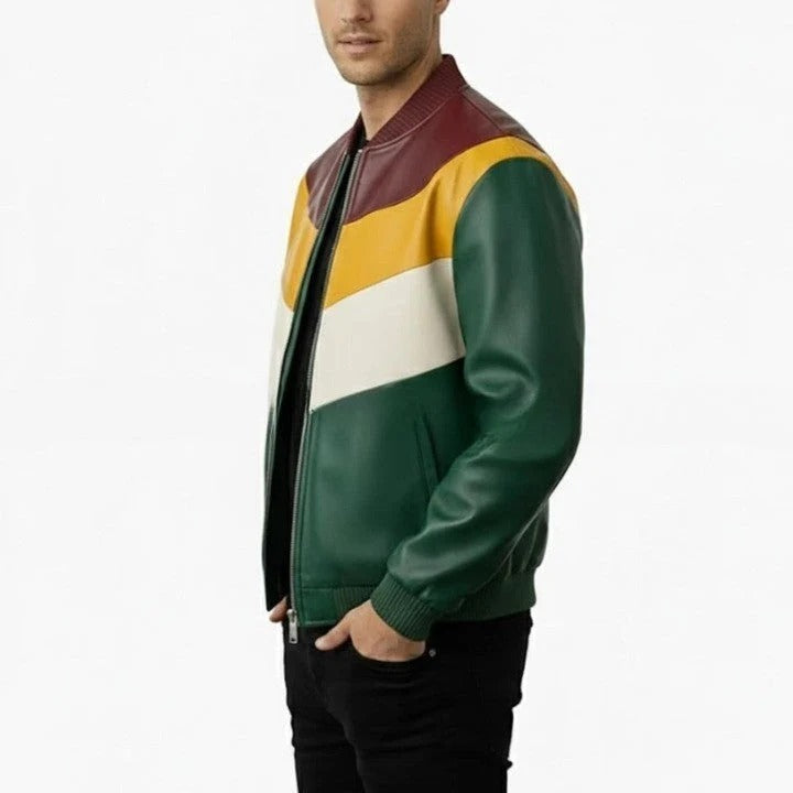 Mens Green Leather Jacket with Yellow Cream Panel Design Modern Zip Front Casual Jacket