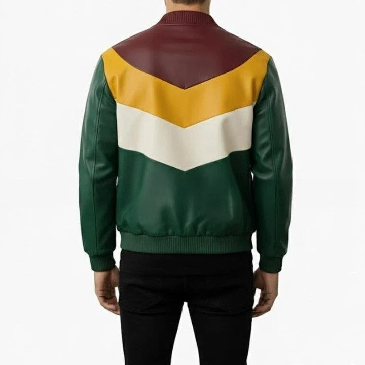 Mens Green Leather Jacket with Yellow Cream Panel Design Modern Zip Front Casual Jacket