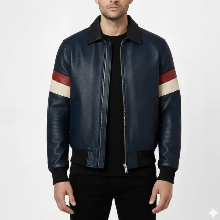 USA Text Navy Color Genuine Leather Jacket with Contrast Arm Stripe Detail