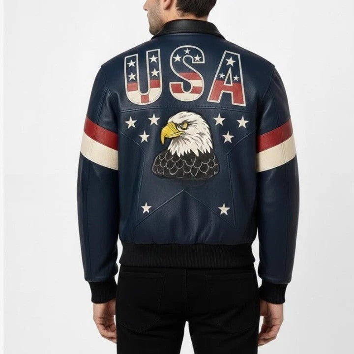 USA Text Navy Color Genuine Leather Jacket with Contrast Arm Stripe Detail