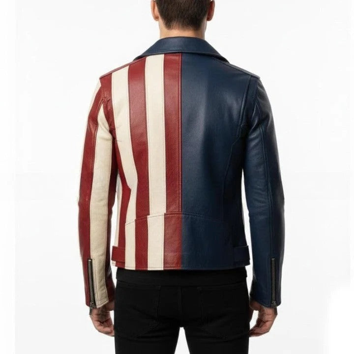 American Style USA Flag Asymmetrical Color Panel Biker Style Genuine Leather Jacket for Men