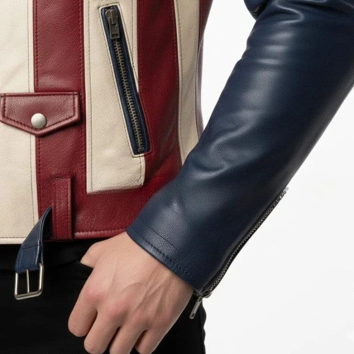 American Style USA Flag Asymmetrical Color Panel Biker Style Genuine Leather Jacket for Men