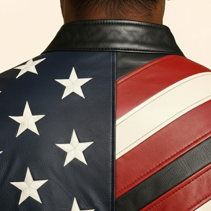 American Flag Genuine Leather Jacket Black Biker USA Jacket with Star And Stripe Panels