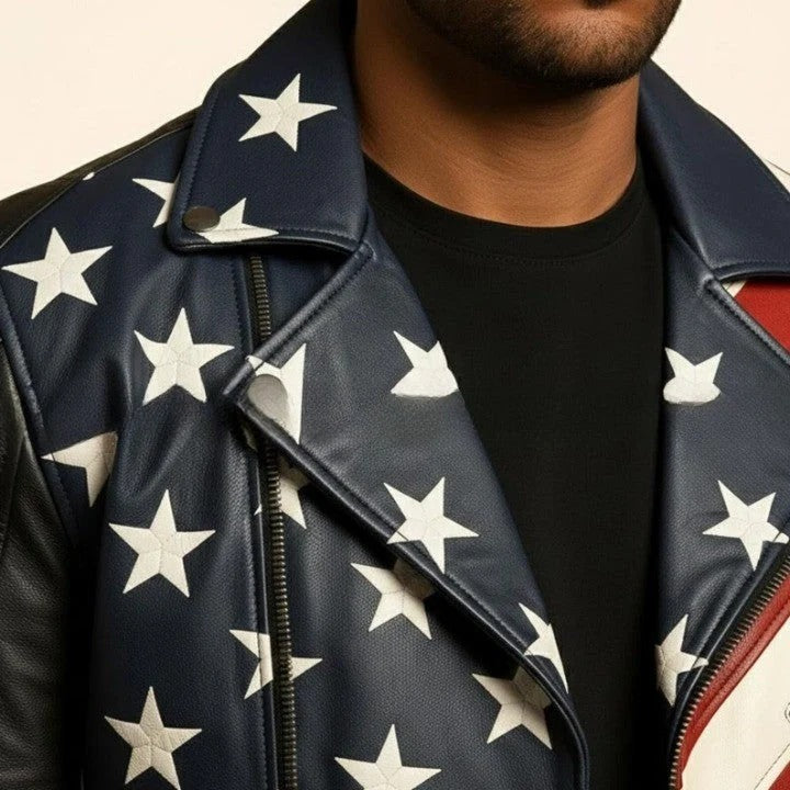 American Flag Genuine Leather Jacket Black Biker USA Jacket with Star And Stripe Panels