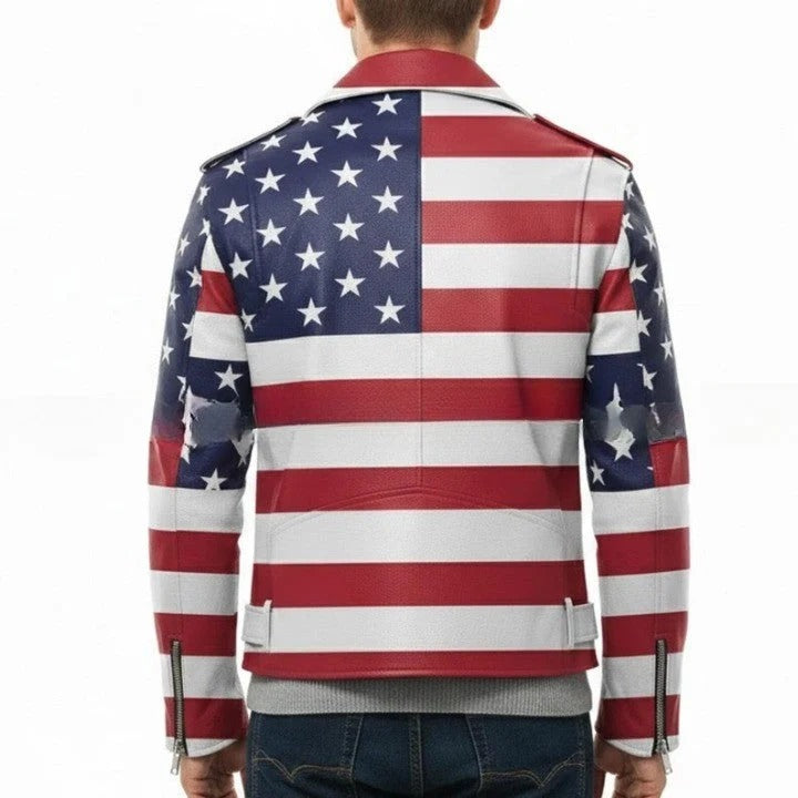 Genuine Leather Biker Style Jacket with Star and Horizontal Stripe Panel Design