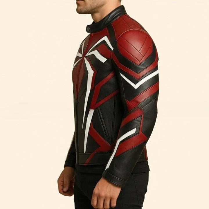 Black and Red Original Leather Jacket with Angular Geometric Line Design