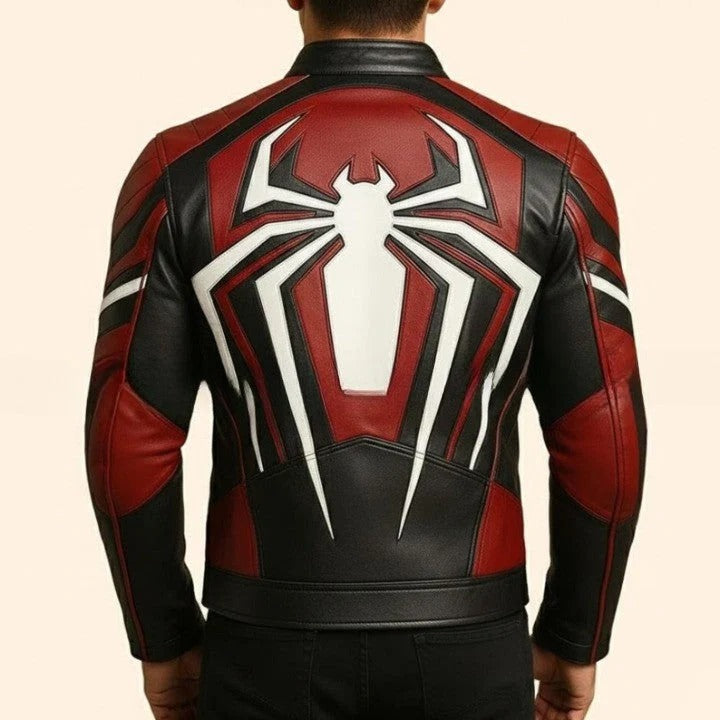 Black and Red Original Leather Jacket with Angular Geometric Line Design