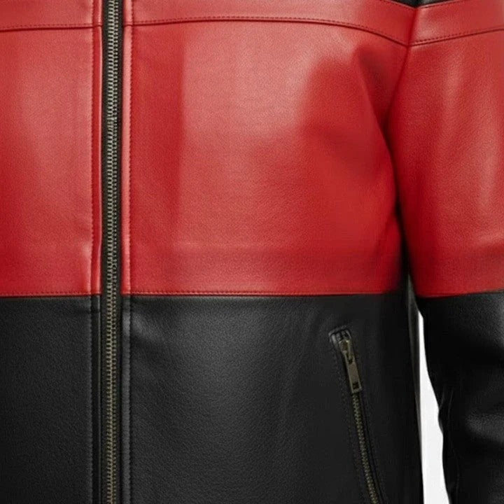Red Stripe Black Leather Jacket for Men Modern Panel Design Zip Jacket