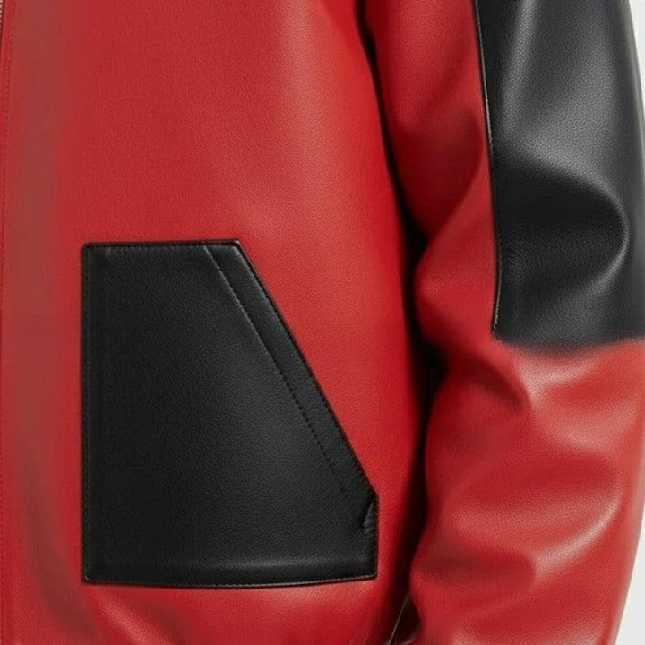 Red and Black Color Block Leather Jacket for Men Urban Streetwear Zip Jacket