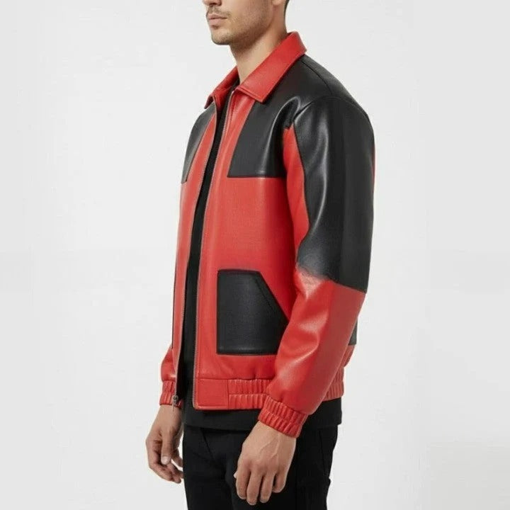 Red and Black Color Block Leather Jacket for Men Urban Streetwear Zip Jacket