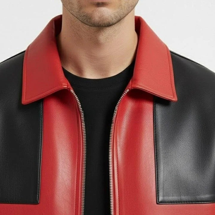 Red and Black Color Block Leather Jacket for Men Urban Streetwear Zip Jacket