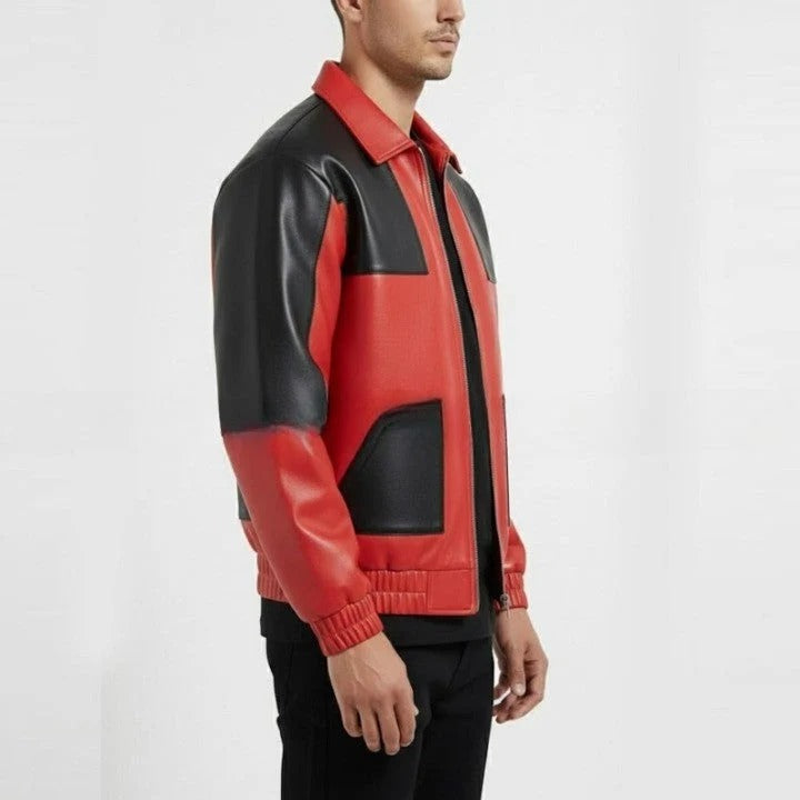 Red and Black Color Block Leather Jacket for Men Urban Streetwear Zip Jacket