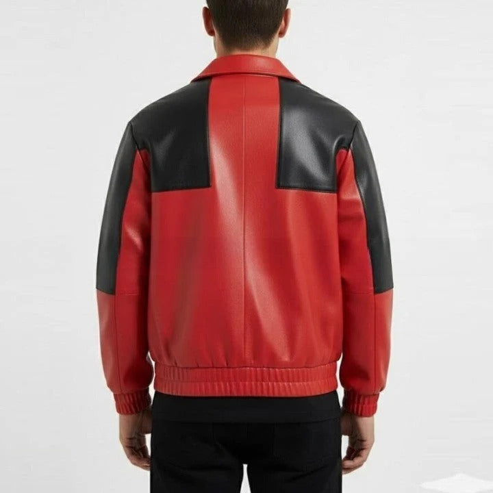 Red and Black Color Block Leather Jacket for Men Urban Streetwear Zip Jacket
