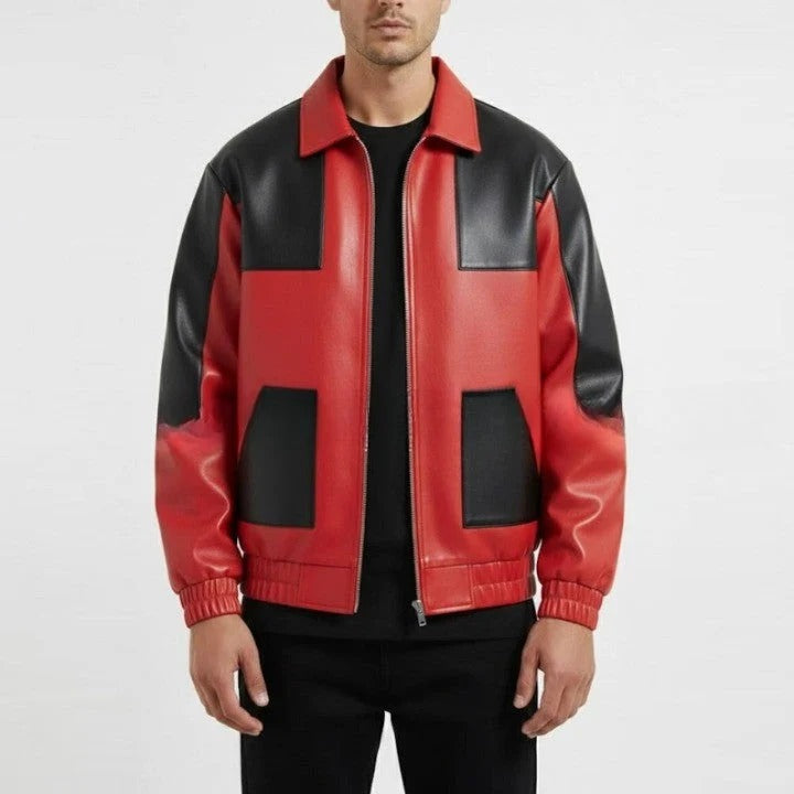 Red and Black Color Block Leather Jacket for Men Urban Streetwear Zip Jacket